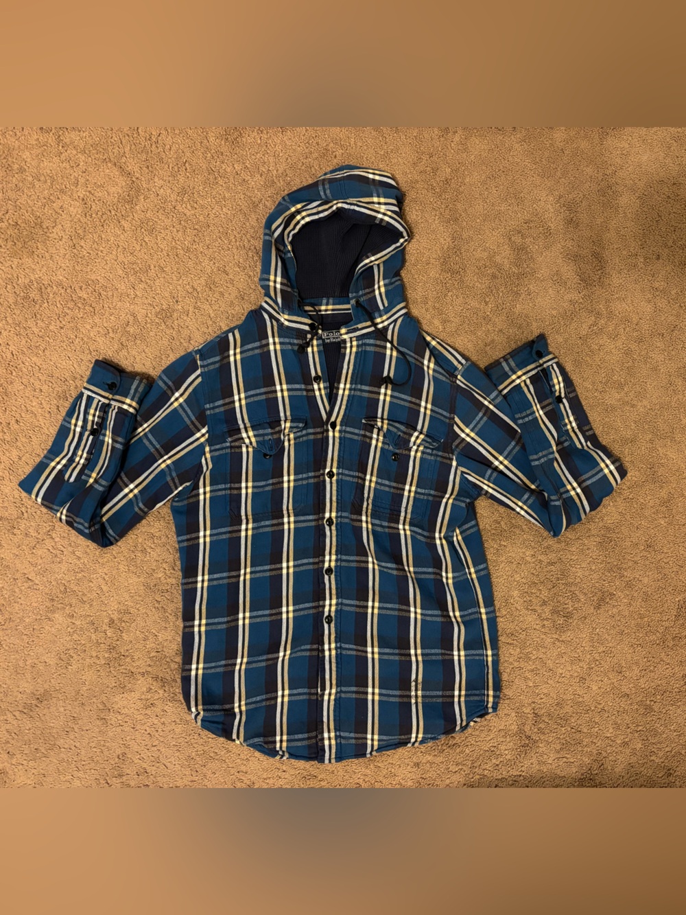VINTAGE Polo by Ralph Lauren Navy and Blue Plaid Hooded Shirt